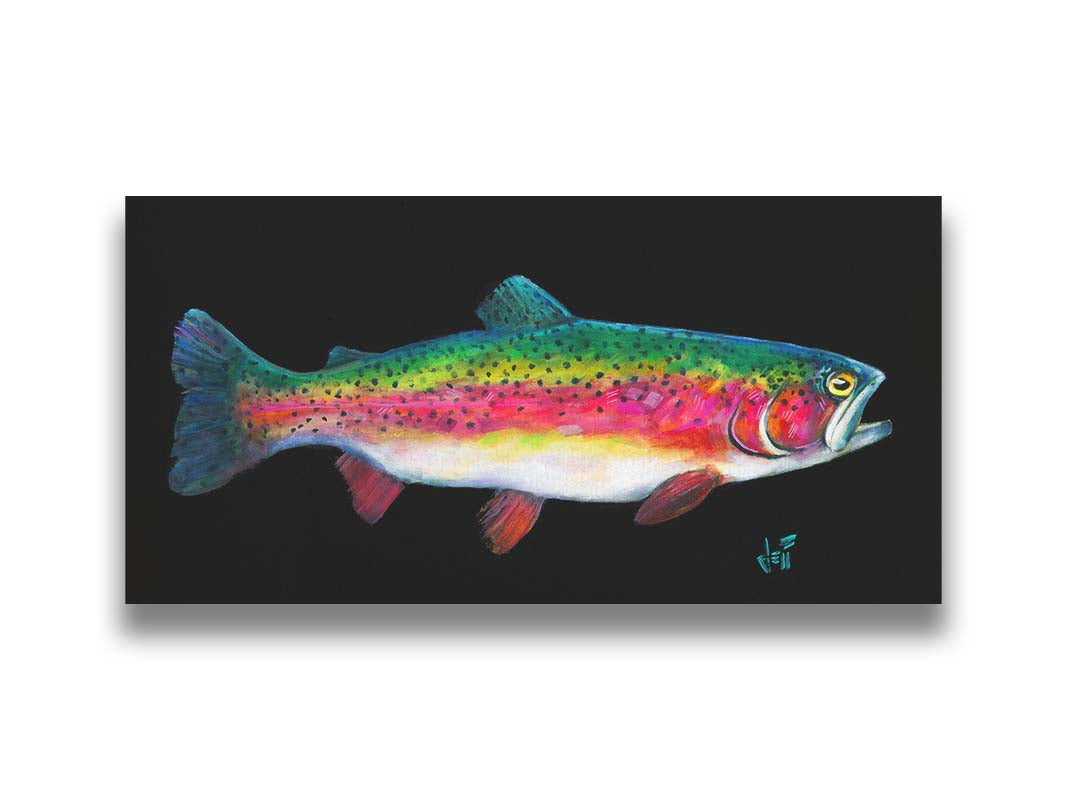 A painting of a colorful rainbow trout– in green, yellow, red, and white– against a bold black background. Printed on canvas.