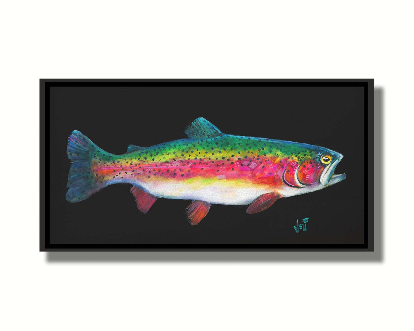 A painting of a colorful rainbow trout– in green, yellow, red, and white– against a bold black background. Printed on canvas in a float frame.