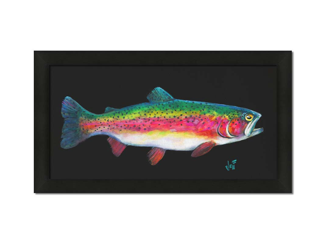 A painting of a colorful rainbow trout– in green, yellow, red, and white– against a bold black background. Printed on canvas and framed.