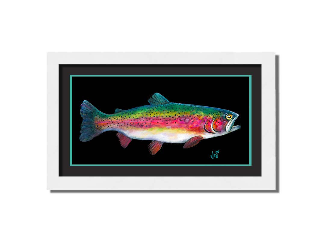 A painting of a colorful rainbow trout– in green, yellow, red, and white– against a bold black background. Printed on paper, matted, and framed.