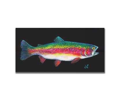 A painting of a colorful rainbow trout– in green, yellow, red, and white– against a bold black background. Printed on a box board.