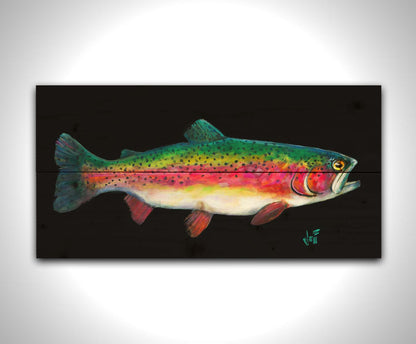 A painting of a colorful rainbow trout– in green, yellow, red, and white– against a bold black background. Printed on a wood pallet.