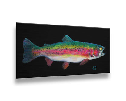 A painting of a colorful rainbow trout– in green, yellow, red, and white– against a bold black background. Printed on metal.