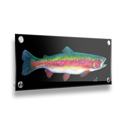 A painting of a colorful rainbow trout– in green, yellow, red, and white– against a bold black background. Printed on acrylic.