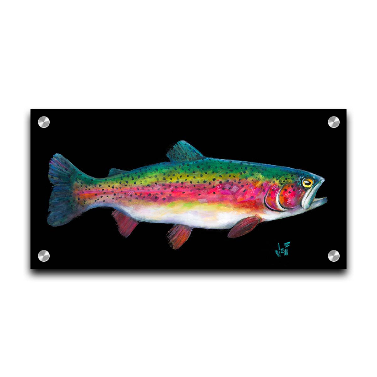 A painting of a colorful rainbow trout– in green, yellow, red, and white– against a bold black background. Printed on acrylic.