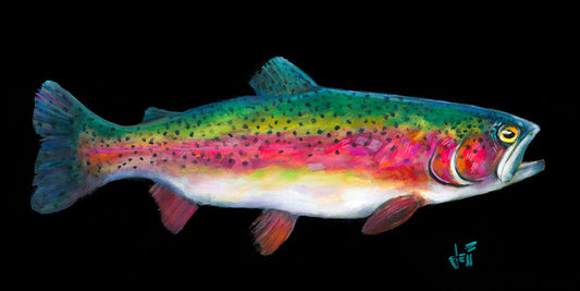 A painting of a colorful rainbow trout– in green, yellow, red, and white– against a bold black background. 