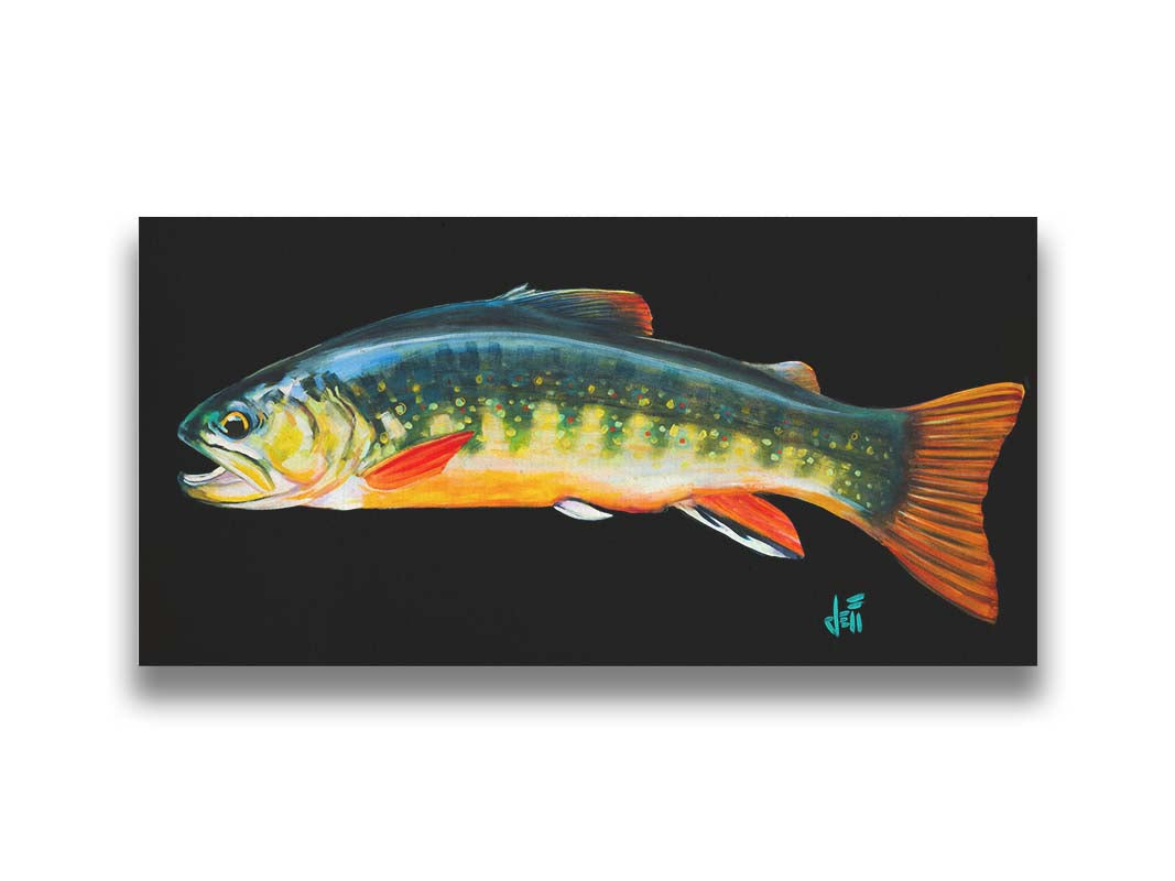 A painting of a colorful brook trout– in green, yellow, and orange– against a bold black background. Printed on canvas.