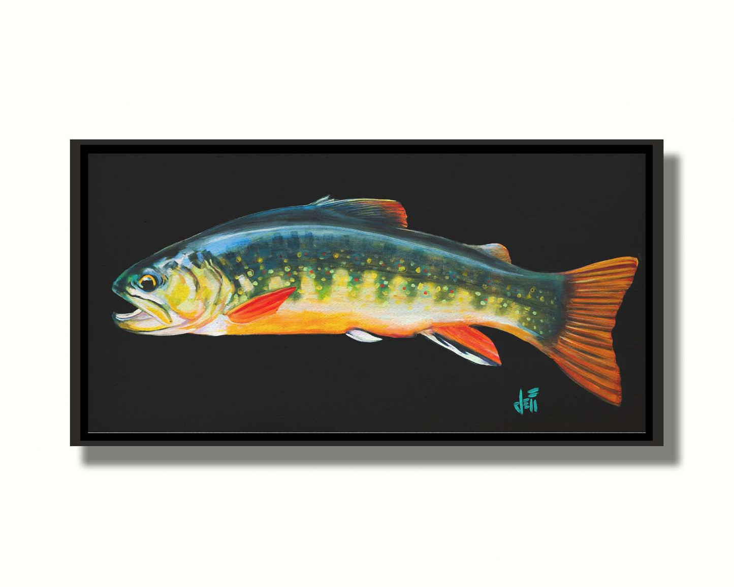 A painting of a colorful brook trout– in green, yellow, and orange– against a bold black background. Printed on canvas in a float frame.