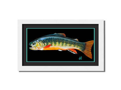 A painting of a colorful brook trout– in green, yellow, and orange– against a bold black background. Printed on paper, matted, and framed.