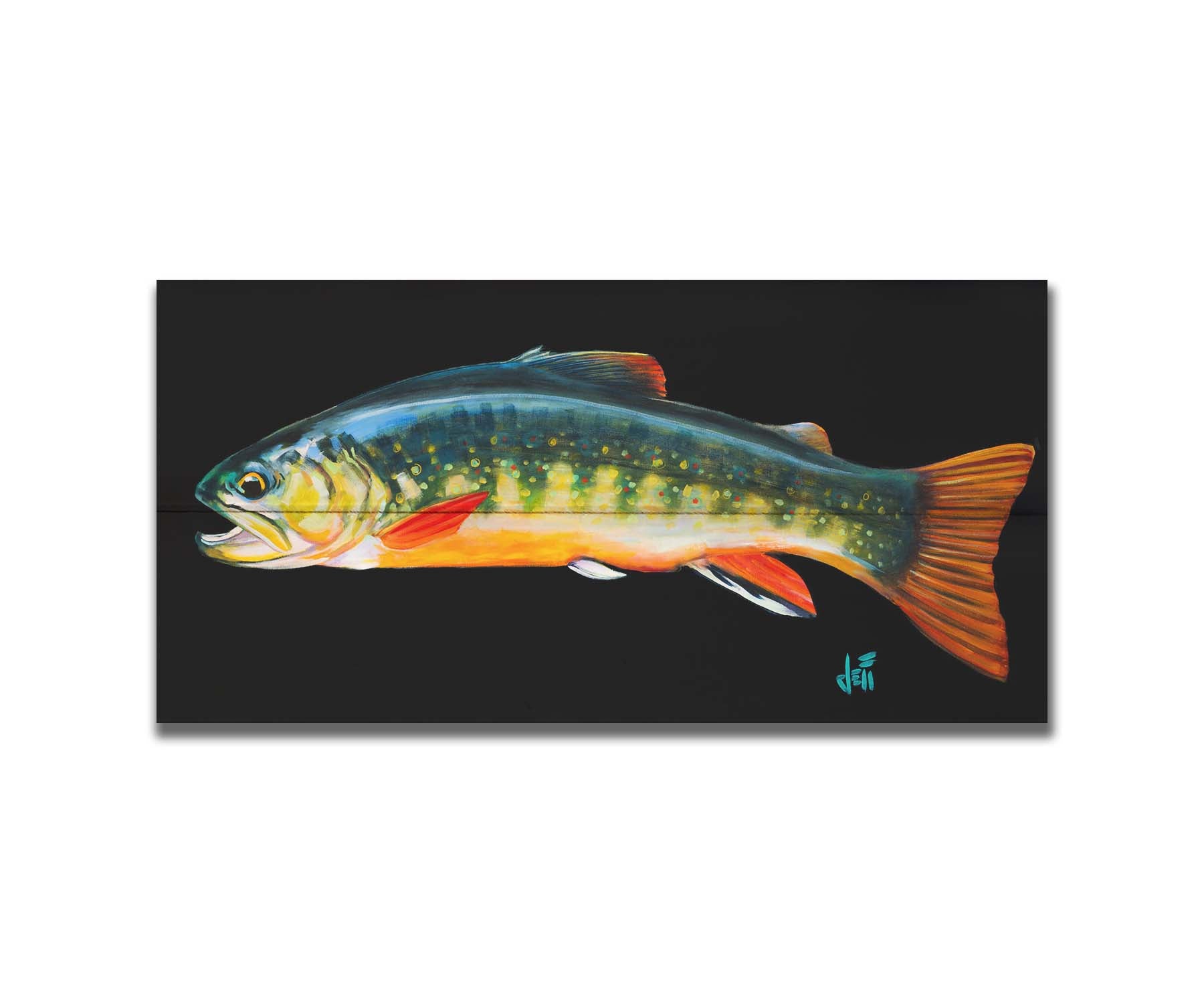 A painting of a colorful brook trout– in green, yellow, and orange– against a bold black background. Printed on a box board.