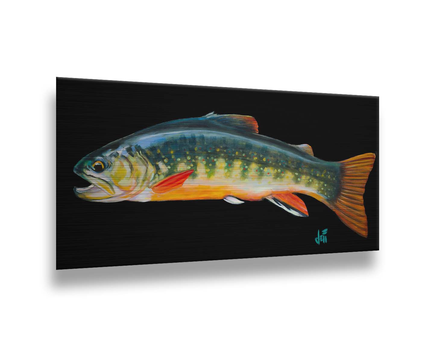 A painting of a colorful brook trout– in green, yellow, and orange– against a bold black background. Printed on metal.