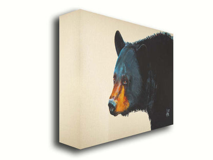 A painting of a black bear against an eggshell background. This portrait is in a 3/4s profile, with light highlighting the shapes and textures of the bear's face and fur with shimmering blue. Printed on canvas.