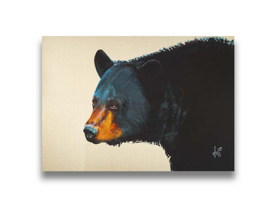 A painting of a black bear against an eggshell background. This portrait is in a 3/4s profile, with light highlighting the shapes and textures of the bear's face and fur with shimmering blue. Printed on canvas.