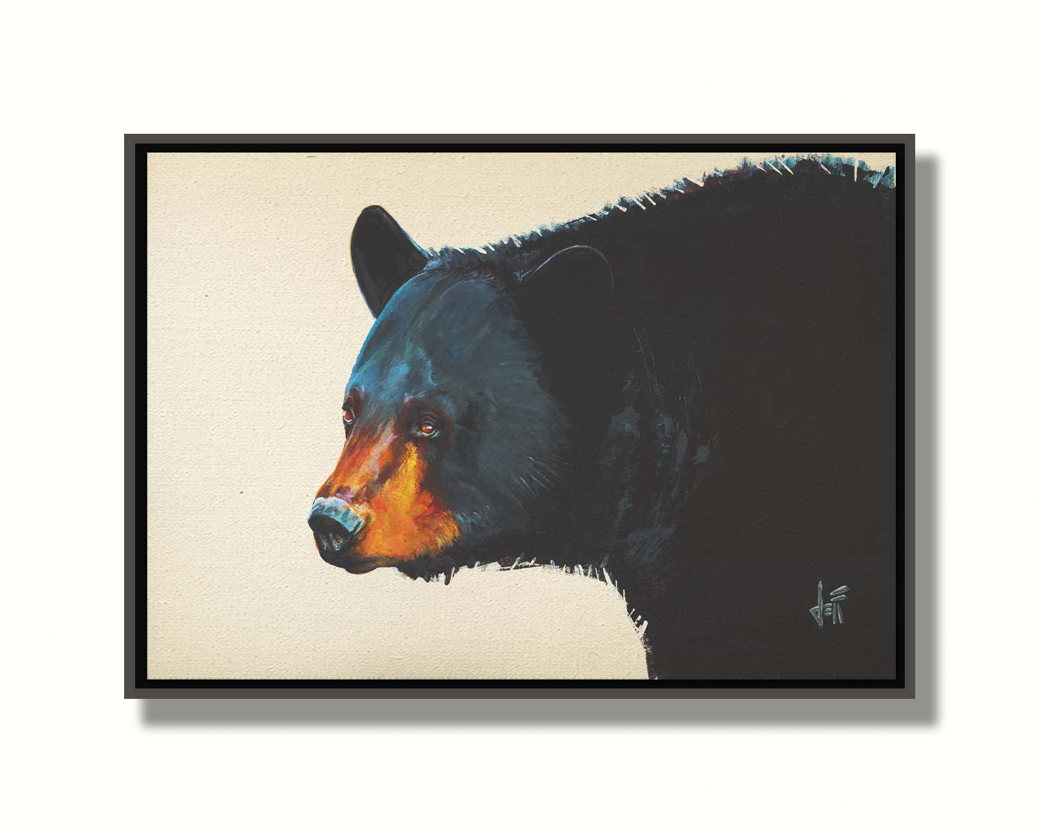 A painting of a black bear against an eggshell background. This portrait is in a 3/4s profile, with light highlighting the shapes and textures of the bear's face and fur with shimmering blue. Printed on canvas in a float frame.