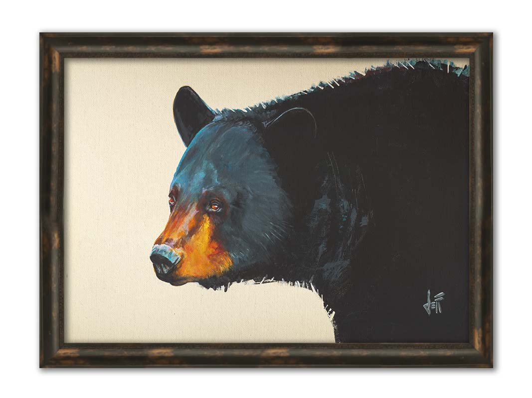 A painting of a black bear against an eggshell background. This portrait is in a 3/4s profile, with light highlighting the shapes and textures of the bear's face and fur with shimmering blue. Printed on canvas and framed.