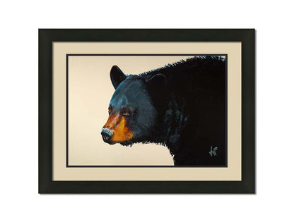 A painting of a black bear against an eggshell background. This portrait is in a 3/4s profile, with light highlighting the shapes and textures of the bear's face and fur with shimmering blue. Printed on paper, matted, and framed.