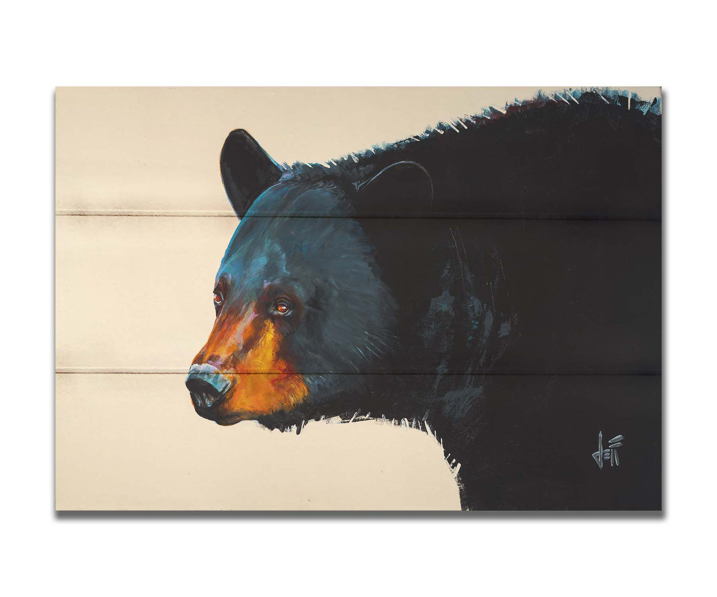 A painting of a black bear against an eggshell background. This portrait is in a 3/4s profile, with light highlighting the shapes and textures of the bear's face and fur with shimmering blue. Printed on a box board.