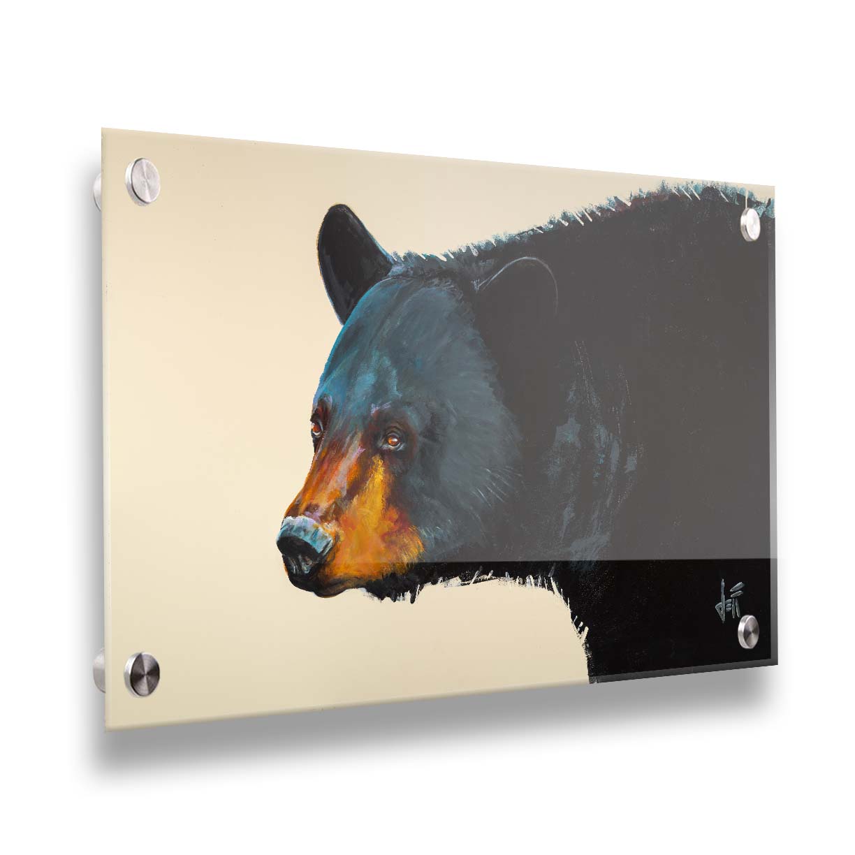 A painting of a black bear against an eggshell background. This portrait is in a 3/4s profile, with light highlighting the shapes and textures of the bear's face and fur with shimmering blue. Printed on acrylic.