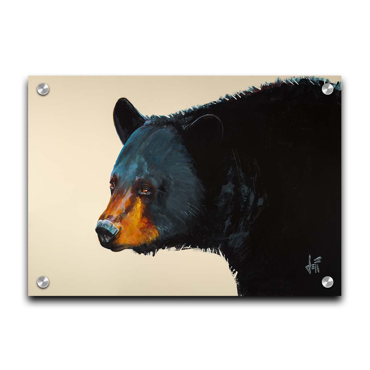 A painting of a black bear against an eggshell background. This portrait is in a 3/4s profile, with light highlighting the shapes and textures of the bear's face and fur with shimmering blue. Printed on acrylic.