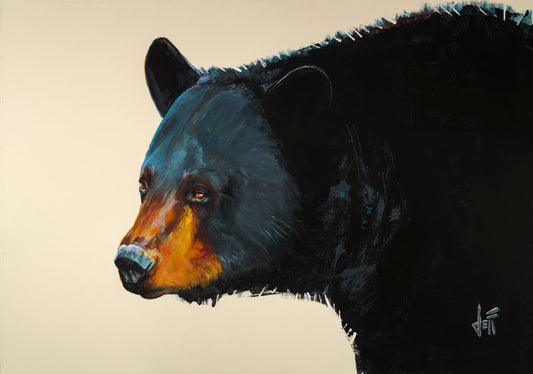 A painting of a black bear against an eggshell background. This portrait is in a 3/4s profile, with light highlighting the shapes and textures of the bear's face and fur with shimmering blue.