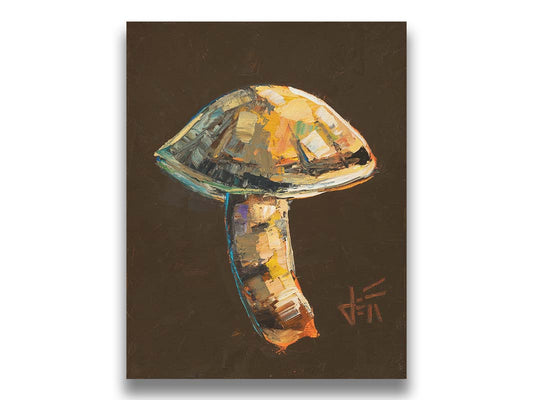 A still life painting of a little brown mushroom against a dark brown background. The artist uses broad brushstrokes to create interesting texture, and shows a masterful understanding of color theory. Printed on canvas.