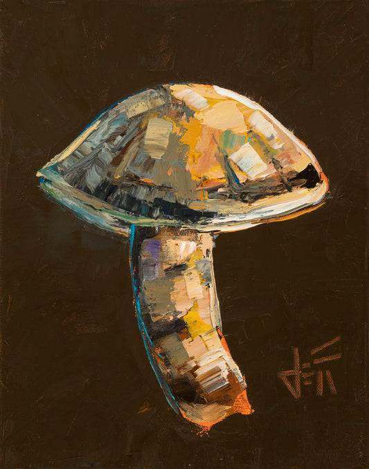 A still life painting of a little brown mushroom against a dark brown background. The artist uses broad brushstrokes to create interesting texture, and shows a masterful understanding of color theory.