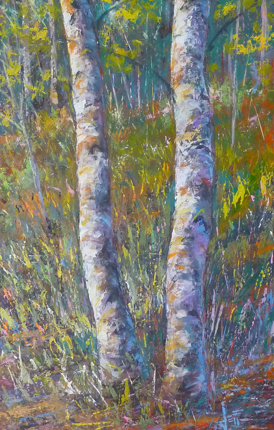 A painting of a clump of two birches with colorful grasses and foliage scattered on the ground below.
