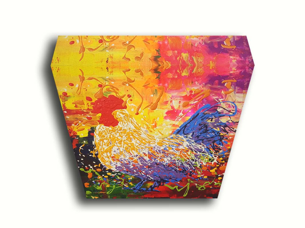 A drip painting in a full spectrum of colors, dripped and poured to create a unique three-dimensional texture. Printed on canvas.