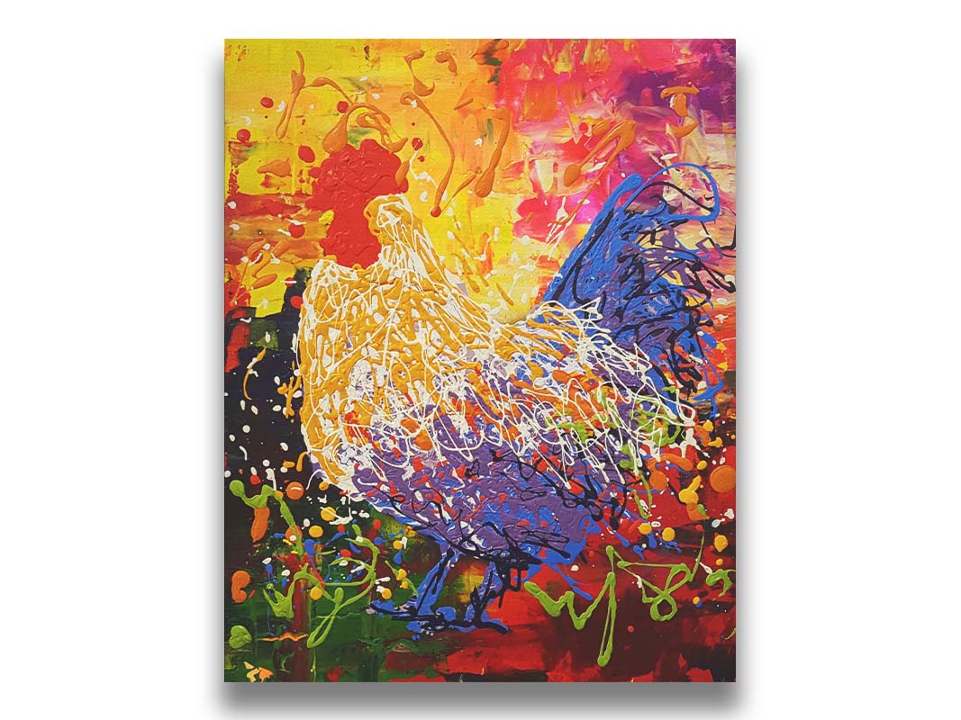 A drip painting in a full spectrum of colors, dripped and poured to create a unique three-dimensional texture. Printed on canvas.