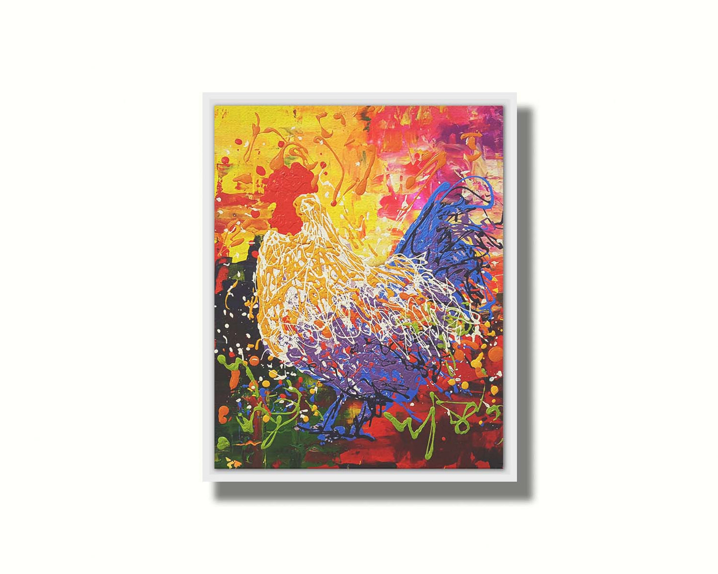 A drip painting in a full spectrum of colors, dripped and poured to create a unique three-dimensional texture. Printed on canvas in a float frame.