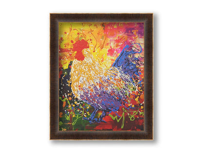 A drip painting in a full spectrum of colors, dripped and poured to create a unique three-dimensional texture. Printed on canvas and framed.