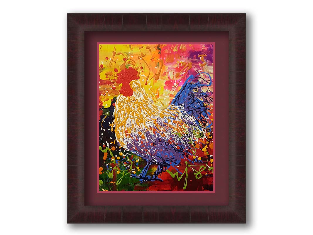 A drip painting in a full spectrum of colors, dripped and poured to create a unique three-dimensional texture. Printed on paper, matted, and framed.