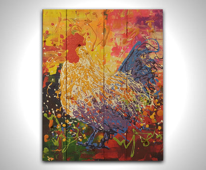 A drip painting in a full spectrum of colors, dripped and poured to create a unique three-dimensional texture. Printed on a wood pallet.