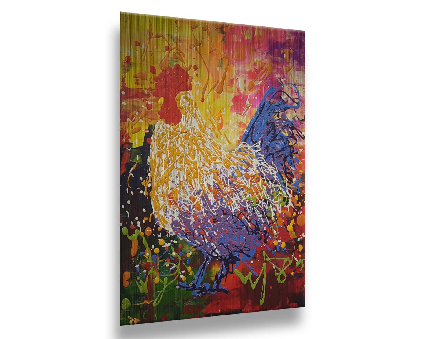 A drip painting in a full spectrum of colors, dripped and poured to create a unique three-dimensional texture. Printed on metal.