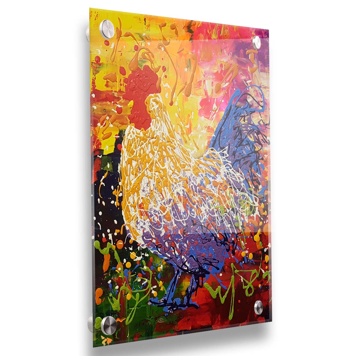 A drip painting in a full spectrum of colors, dripped and poured to create a unique three-dimensional texture. Printed on acrylic.