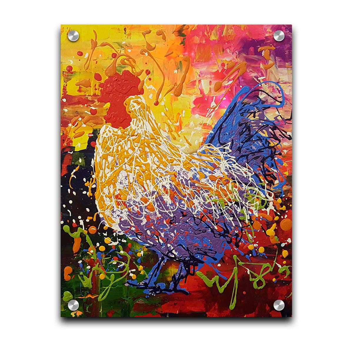 A drip painting in a full spectrum of colors, dripped and poured to create a unique three-dimensional texture. Printed on acrylic.