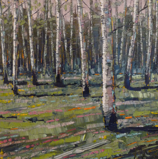 An impasto painting of a quiet birch forest in a soothing palette of grays, greens, and pinks.