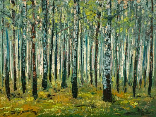 A painting of a dense, silver grove of birch trees. Pale yellow light slips between the thin trunks to cast blue-gray shadows, giving the white trunks a silvery appearance. 