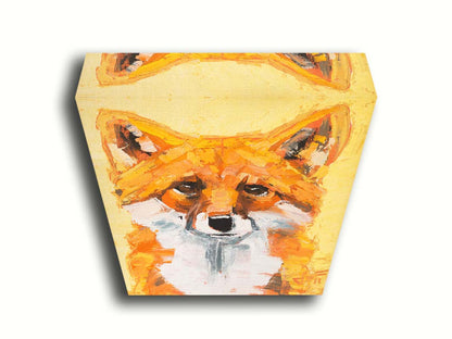 A portrait of a red fox with vibrant orange and white fur, set against a soft yellow background. Wide, visible brushstrokes add texture to the piece. Printed on canvas.