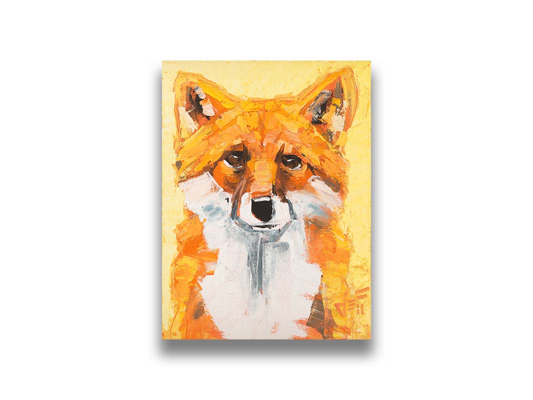 A portrait of a red fox with vibrant orange and white fur, set against a soft yellow background. Wide, visible brushstrokes add texture to the piece. Printed on canvas.