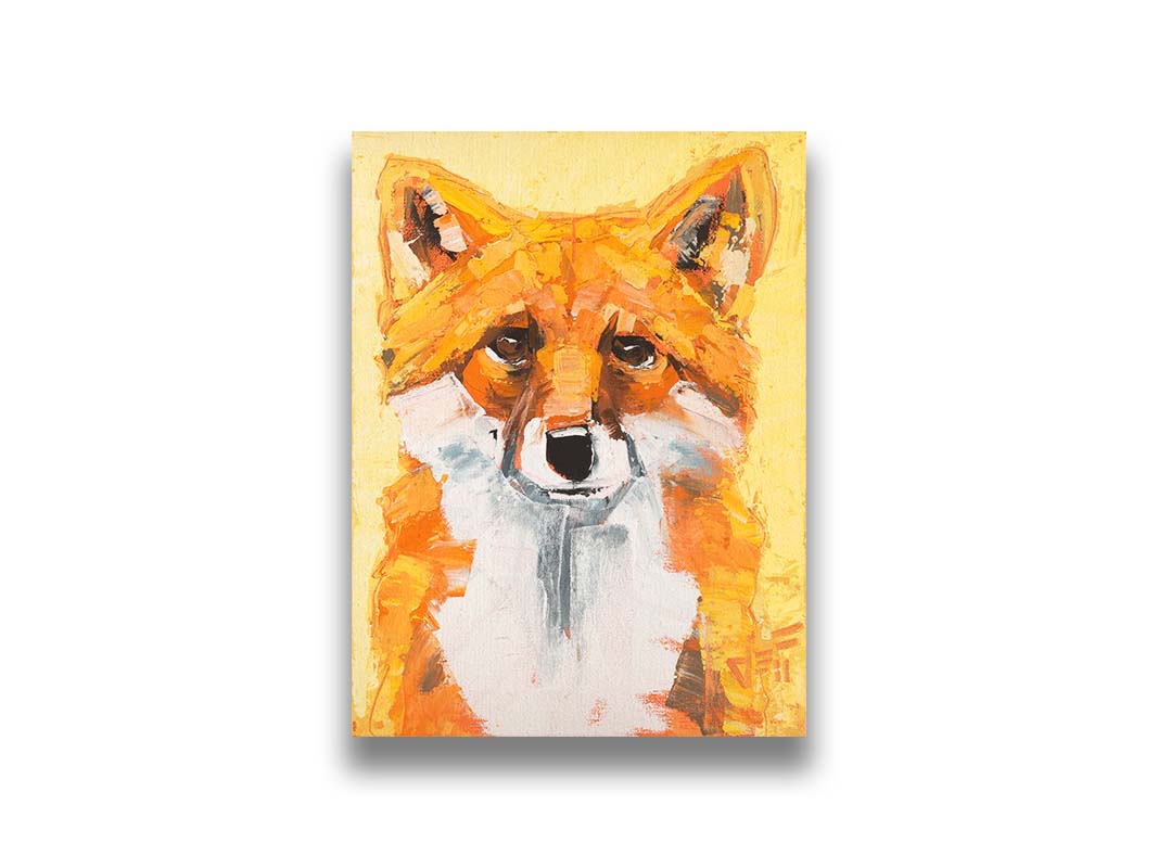 A portrait of a red fox with vibrant orange and white fur, set against a soft yellow background. Wide, visible brushstrokes add texture to the piece. Printed on canvas.