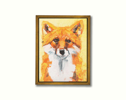 A portrait of a red fox with vibrant orange and white fur, set against a soft yellow background. Wide, visible brushstrokes add texture to the piece. Printed on canvas in a float frame.