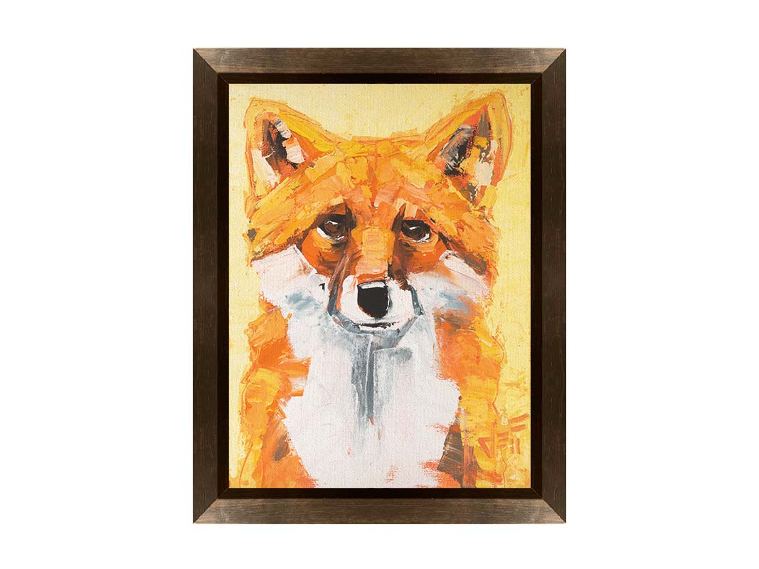 A portrait of a red fox with vibrant orange and white fur, set against a soft yellow background. Wide, visible brushstrokes add texture to the piece. Printed on canvas and framed.