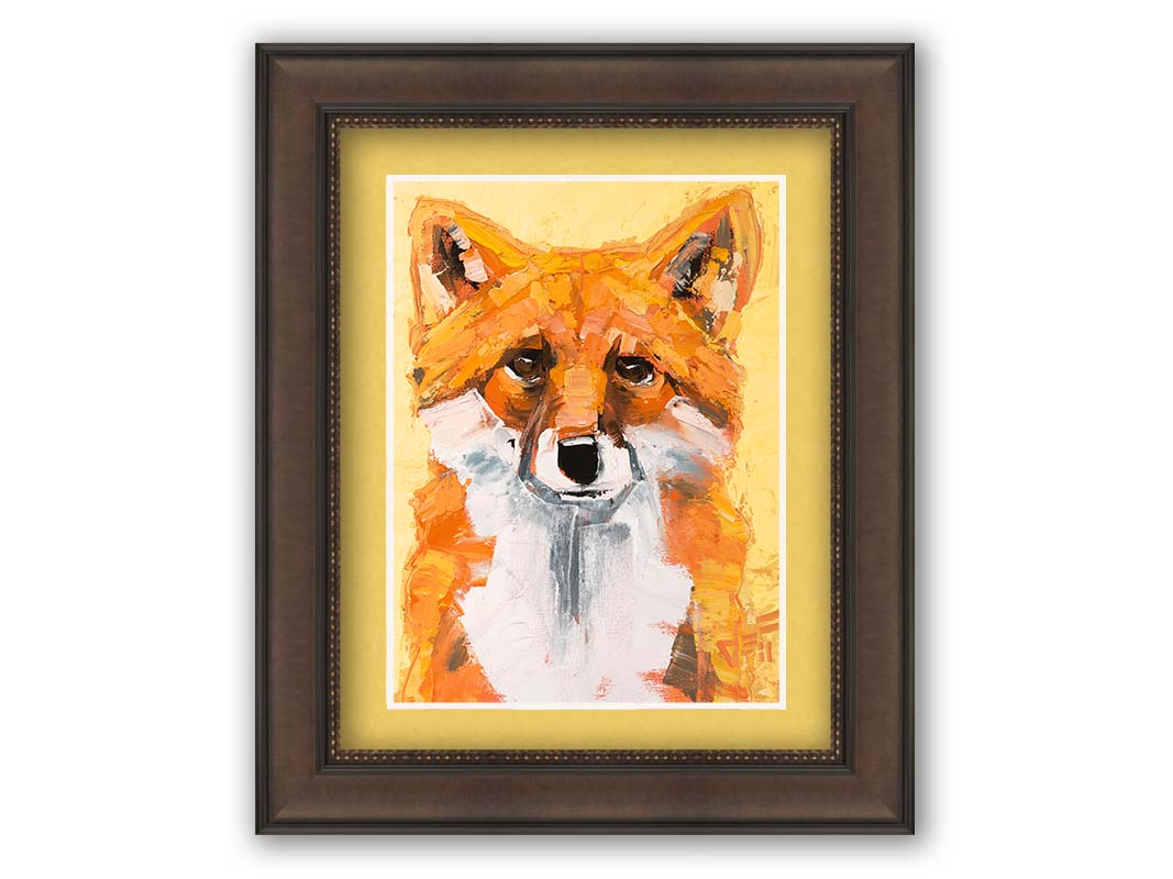 A portrait of a red fox with vibrant orange and white fur, set against a soft yellow background. Wide, visible brushstrokes add texture to the piece. Printed on paper, matted, and framed.