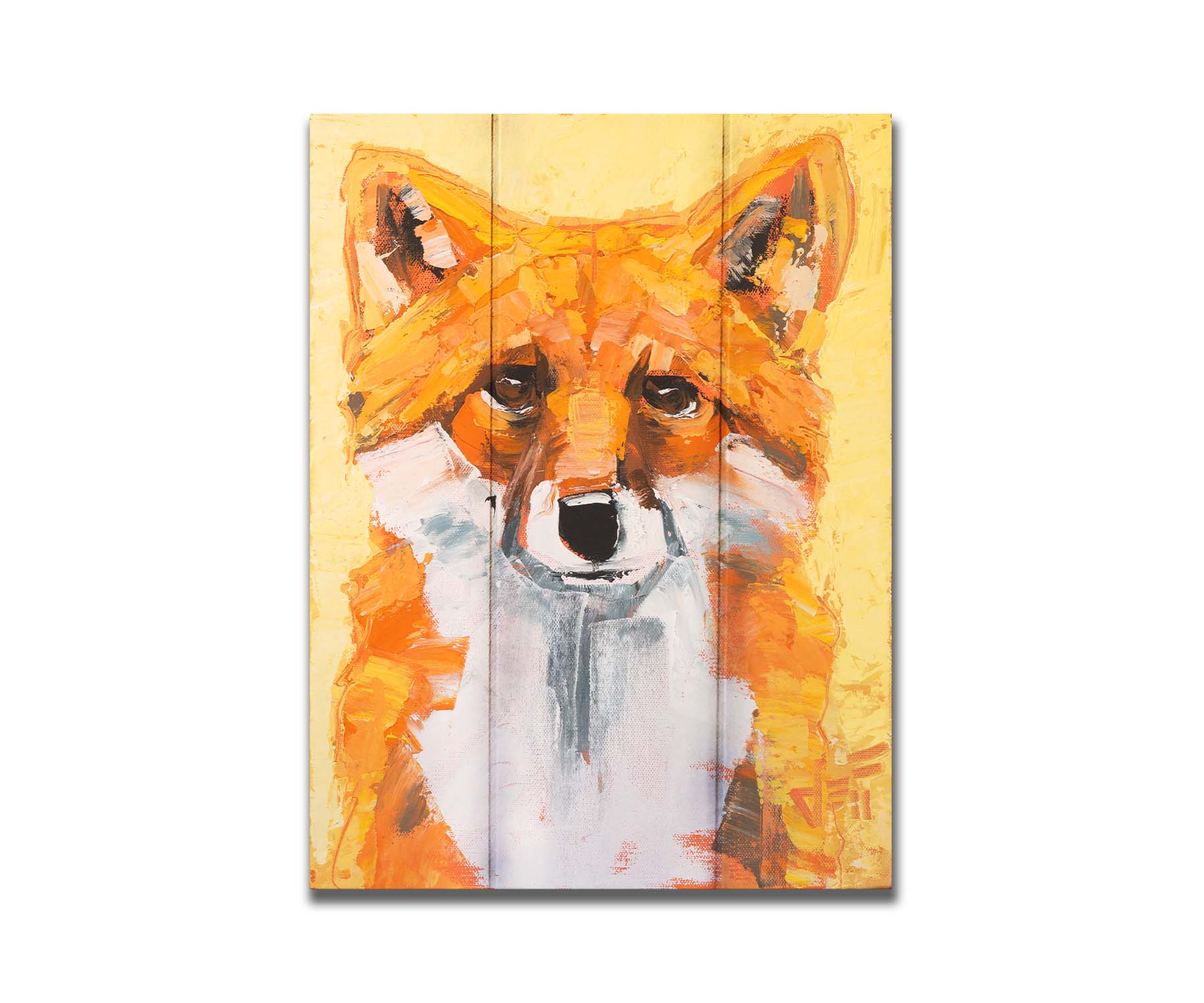 A portrait of a red fox with vibrant orange and white fur, set against a soft yellow background. Wide, visible brushstrokes add texture to the piece. Printed on a box board.