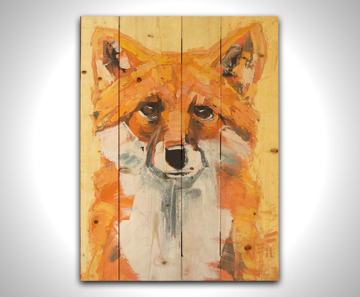 A portrait of a red fox with vibrant orange and white fur, set against a soft yellow background. Wide, visible brushstrokes add texture to the piece. Printed on a wood pallet.