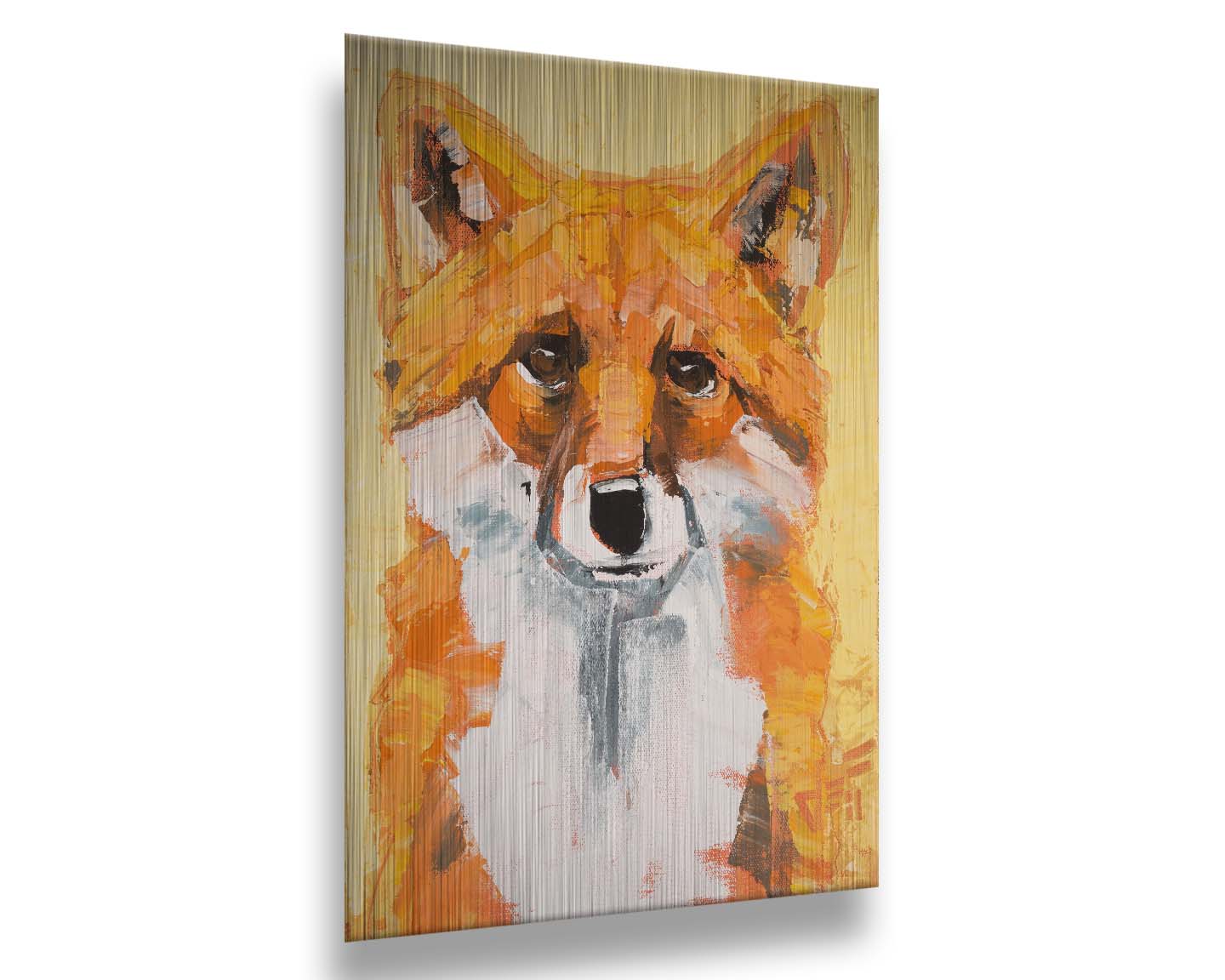 A portrait of a red fox with vibrant orange and white fur, set against a soft yellow background. Wide, visible brushstrokes add texture to the piece. Printed on metal.