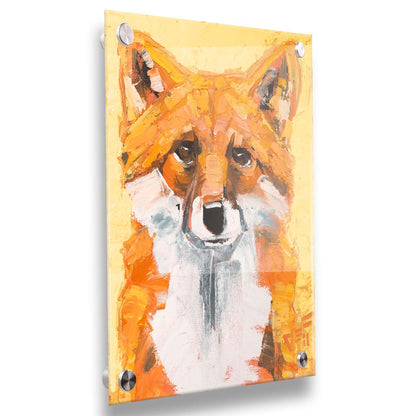 A portrait of a red fox with vibrant orange and white fur, set against a soft yellow background. Wide, visible brushstrokes add texture to the piece. Printed on acrylic.