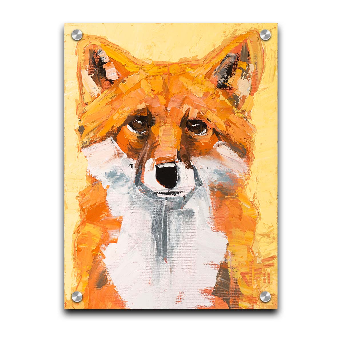 A portrait of a red fox with vibrant orange and white fur, set against a soft yellow background. Wide, visible brushstrokes add texture to the piece. Printed on acrylic.