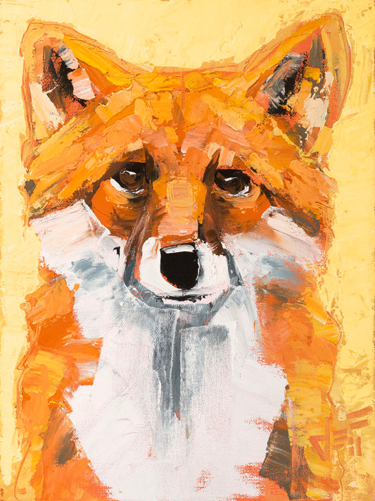 A portrait of a red fox with vibrant orange and white fur, set against a soft yellow background. Wide, visible brushstrokes add texture to the piece.